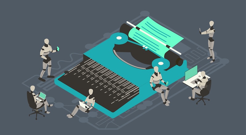 Six robots gather around an oversized typewriter using their own laptops, tablets, and phones, illustrating the concept of writing or journalism work being performed by artificial intelligence. Illustration uses a unified palette of neutral and turquoise colors, comprised of vector shapes over a dark gray background on a 16x9 artboard, and presented in isometric view.